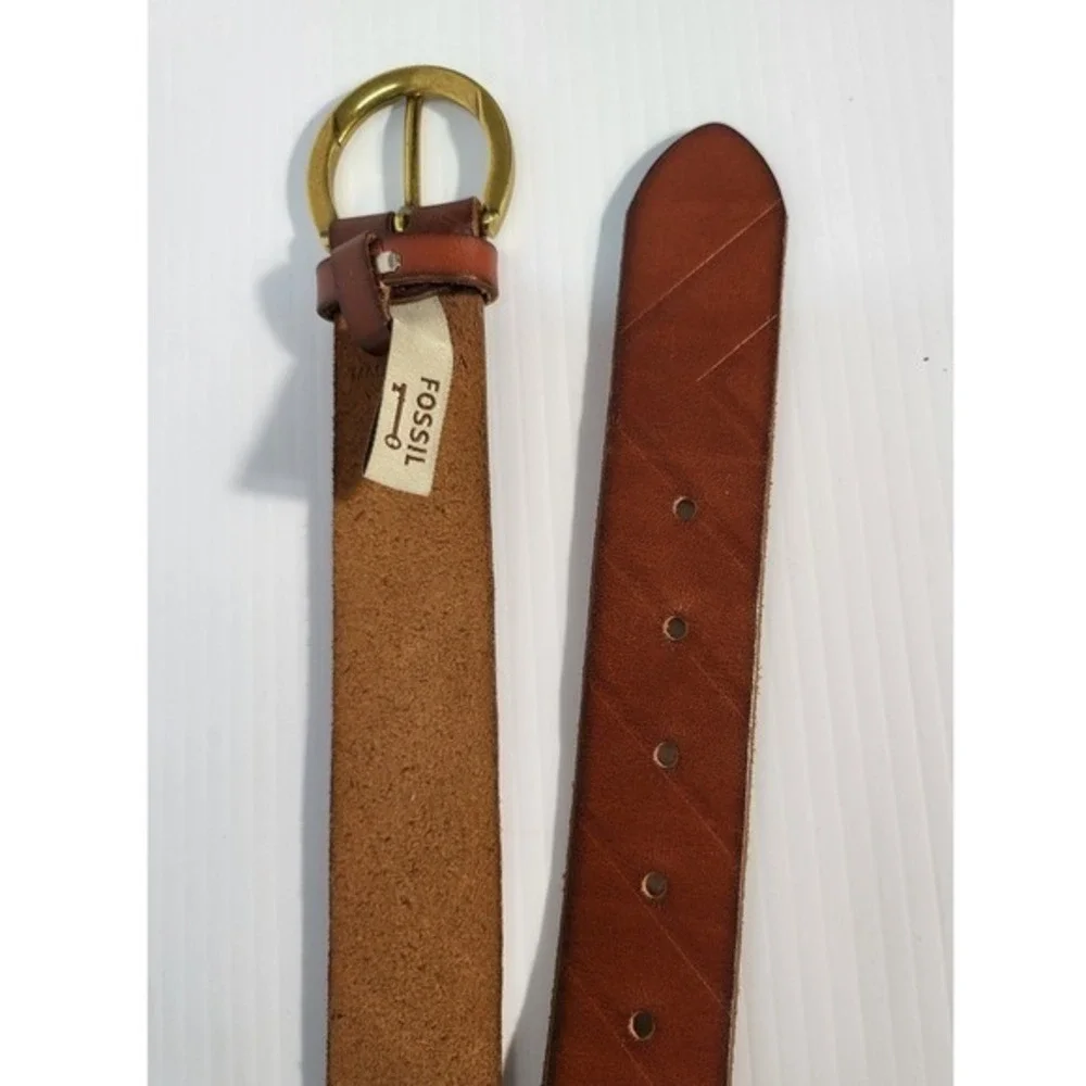 Fossil Leather Belt Embossed Casual Jean Belt Brass Buckle Brown Size 34